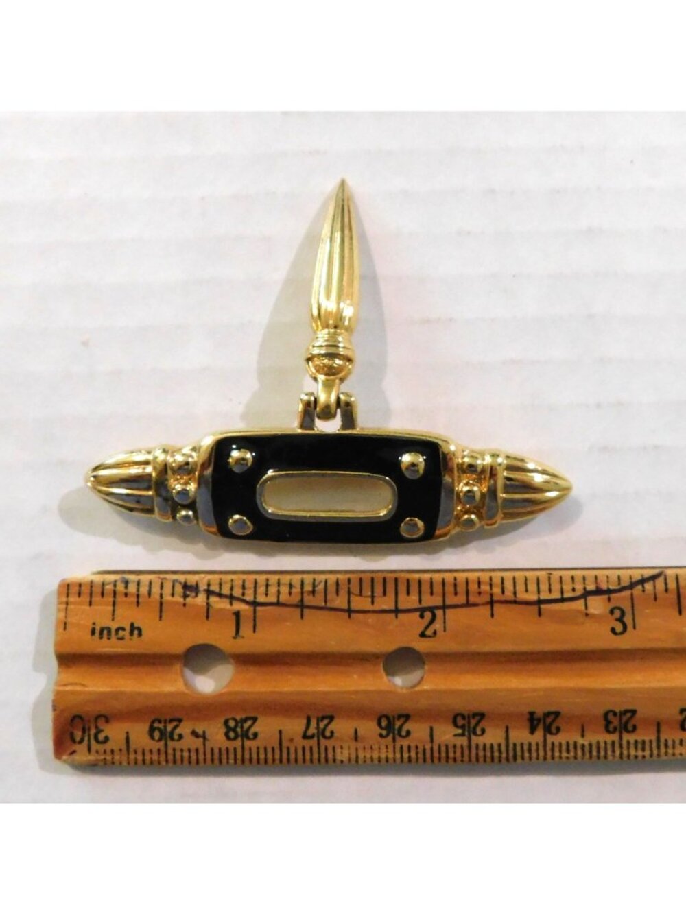 Premier Designs Vintage Signed Pin Gold Plated Black Enamel Hanging Charm Brooch - Picture 5 of 9